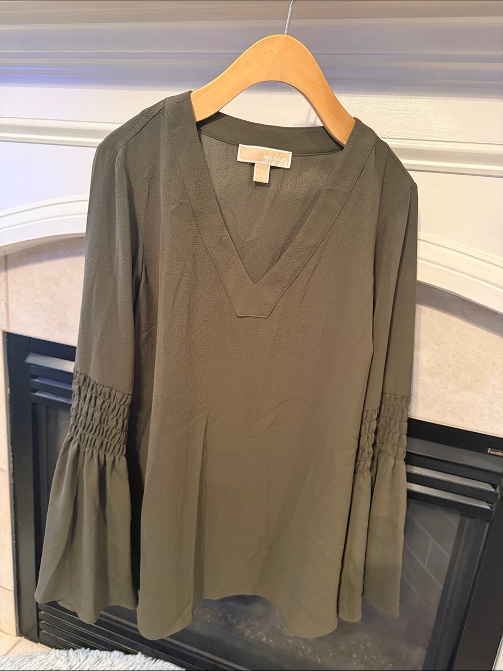 Michael Kors Olive Green V-Neck Smocked Bell Sleeve Blouse